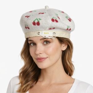 Maeve Anthropologie Cream Cherry Print Wool Blend Beret
